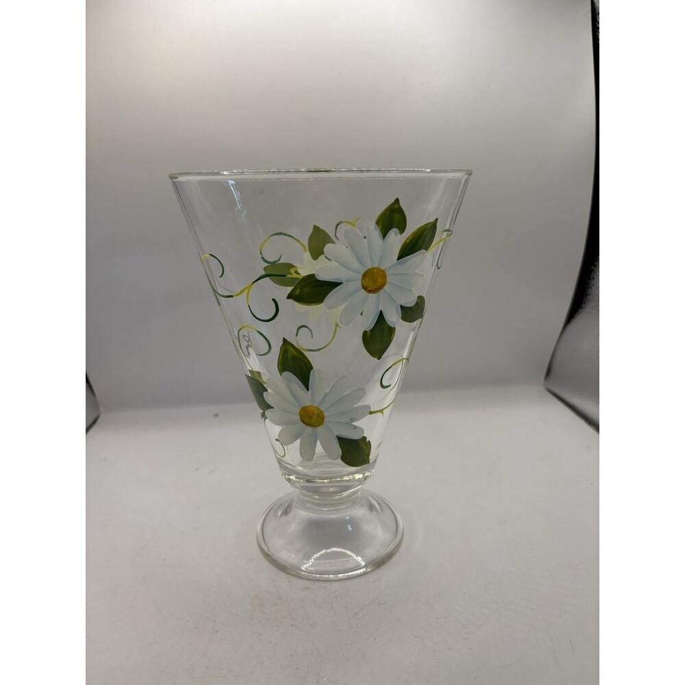 Footed Glass Vase Adorned With Hand Painted Daisies Heavy Glass 7.5” Tall